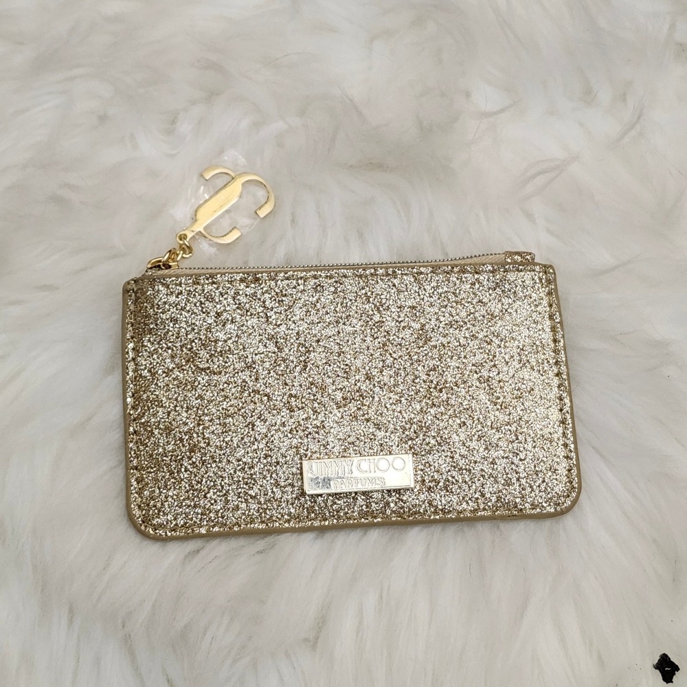 Jimmy Choo Parfums Gold Glitter Mini Zip Coin Pouch NWOT